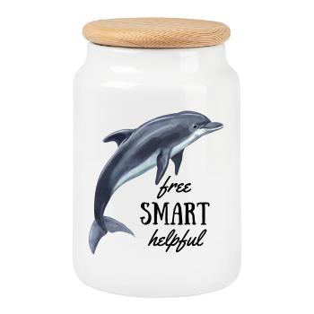 Delfin - free, smart, helpful - Cookie Jar with Wooden Lid - white - Front