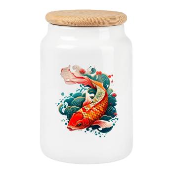 Koi carp - Japan - Cookie Jar with Wooden Lid - white - Front