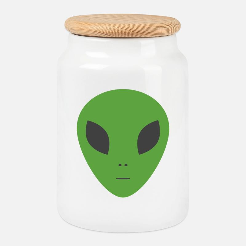 Green Alien - Cookie Jar with Wooden Lid - white