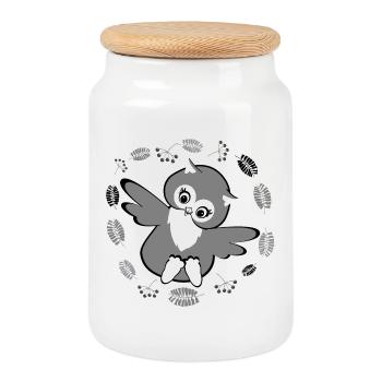 Playful owl in autumn leaves - Cookie Jar with Wooden Lid - white - Front
