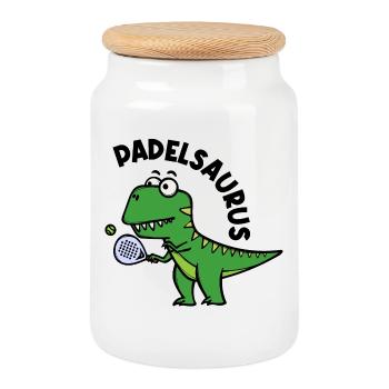 Dinosaur Padel Player Racket Ball Saying - Cookie Jar with Wooden Lid - white - Front