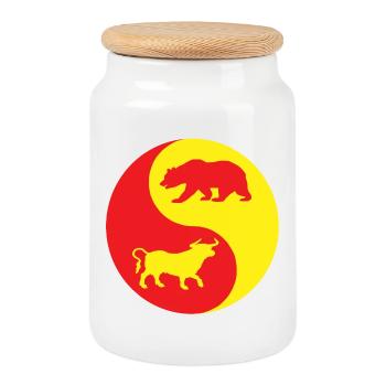Yin Yang Stier und Roter und Gelber Bär - Keksdose mit Holzdeckel - Weiß - Vorne