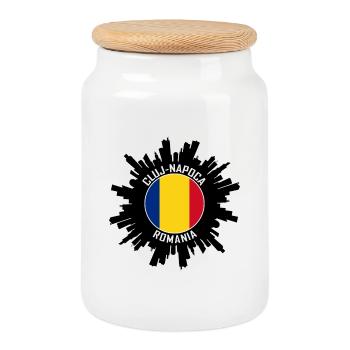 Souvenir de voyage avec le drapeau du drapeau de la Roumanie à la Skyline de Cluj-Napoca - Boîte à biscuits avec couvercle en bois - blanc - Devant