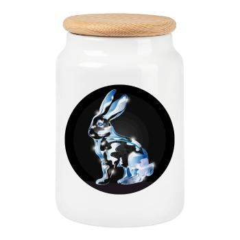 Lapin en verre coloré en aspect verre - Boîte à biscuits avec couvercle en bois - blanc - Devant