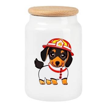 Dachshund as firefighter - Cookie Jar with Wooden Lid - white - Front