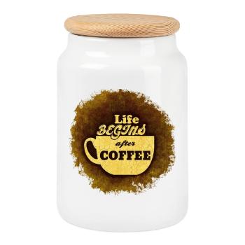 Life beginsonly after the first cup of coffee # - Cookie Jar with Wooden Lid - white - Front