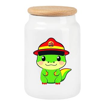 Dinosaur Fire Department - Cookie Jar with Wooden Lid - white - Front