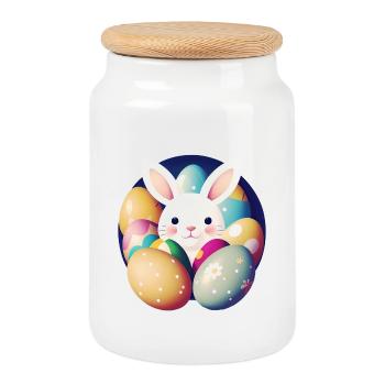 Osterhase mit Ostereiern - Keksdose mit Holzdeckel - Weiß - Vorne