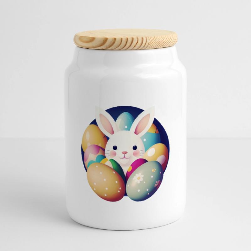 Easter bunny with Easter eggs Cookie Jar with Wooden Lid