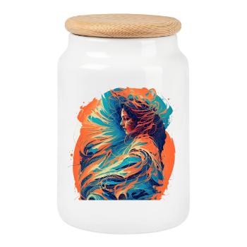 Woman with Waves of Fire and Water - Cookie Jar with Wooden Lid - white - Front