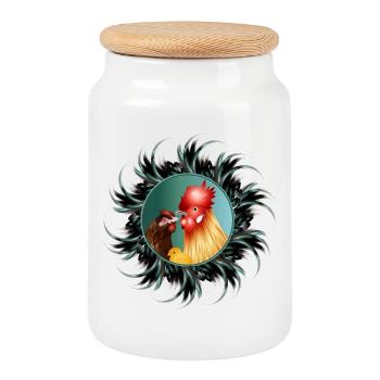 Rooster with hen and chicks in feather frame - Cookie Jar with Wooden Lid - white - Front