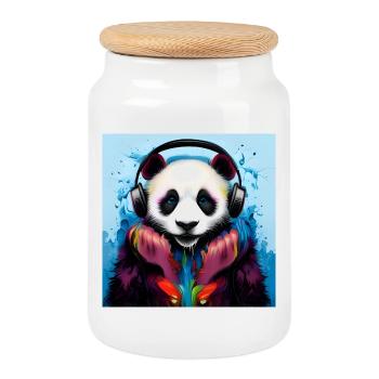 Panda with Neon Headphones - Cookie Jar with Wooden Lid - white - Front