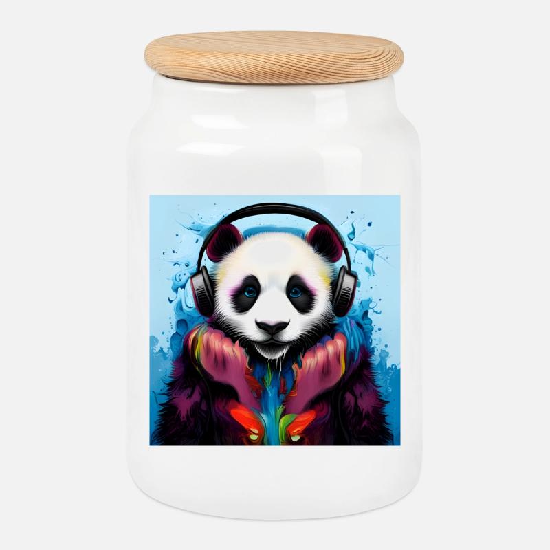 Panda mit Neon Kopfhörern - Keksdose mit Holzdeckel - Weiß