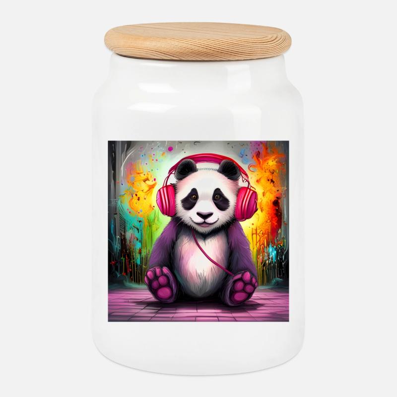 Panda DJ mit bunten Kopfhörern - Keksdose mit Holzdeckel - Weiß