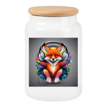 Fox with Headphones Color Explosion - Cookie Jar with Wooden Lid - white - Front