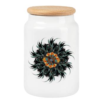 Mandala ornament made of drawn rooster feathers - Cookie Jar with Wooden Lid - white - Front