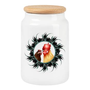 Rooster with hen in feather frame - Cookie Jar with Wooden Lid - white - Front