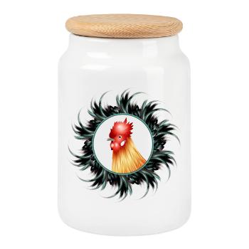 magnificent rooster in feather frame - Cookie Jar with Wooden Lid - white - Front