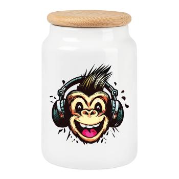 Funny Monkey with Headphones - Cookie Jar with Wooden Lid - white - Front