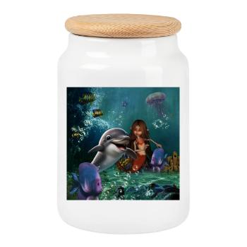 Niedliche Meerjungfrau und lustiger Delfin - Keksdose mit Holzdeckel - Weiß - Vorne