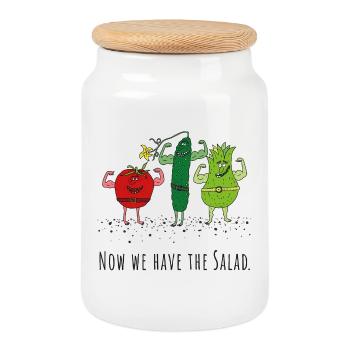 Denglish : Maintenant, nous avons la salade - légumes, légumes - Boîte à biscuits avec couvercle en bois - blanc - Devant