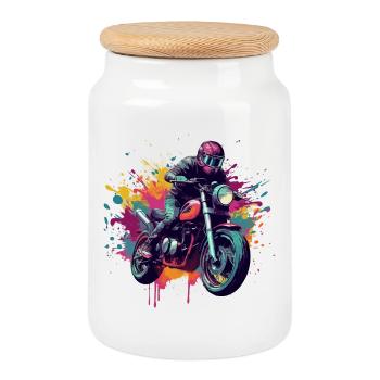 Motorcycle with color spot. - Cookie Jar with Wooden Lid - white - Front