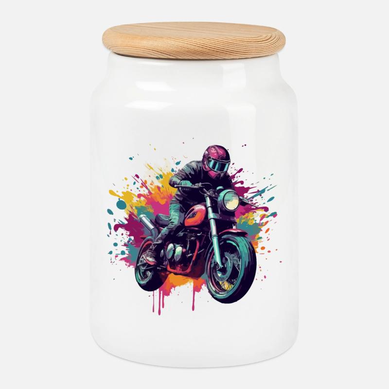 Motorrad mit Farbfleck. - Keksdose mit Holzdeckel - Weiß
