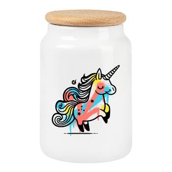 Buntes, skurriles Einhorn-Design - Keksdose mit Holzdeckel - Weiß - Vorne