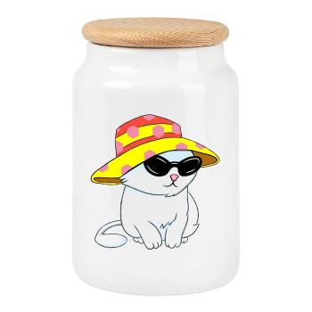 Chaton de style plage - Boîte à biscuits avec couvercle en bois - blanc - Devant