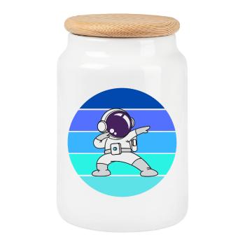 astronaut, spaceman, rocket - Cookie Jar with Wooden Lid - white - Front
