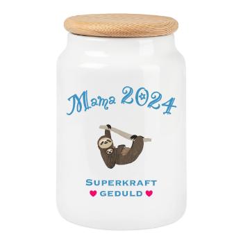 Mama 2024, Superkraft Geduld, Faultiermama - Keksdose mit Holzdeckel - Weiß - Vorne