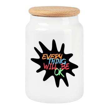 Everything will be fine! Every thing will be ok # - Cookie Jar with Wooden Lid - white - Front