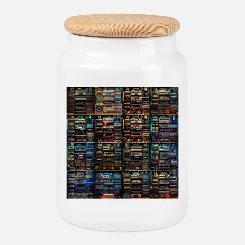 Vintage Audio Stack Collage - Cookie Jar with Wooden Lid - white