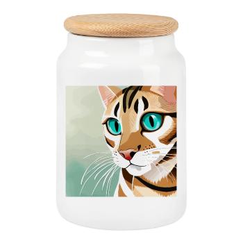 Bengal Cat with Turquoise Eyes - Cookie Jar with Wooden Lid - white - Front