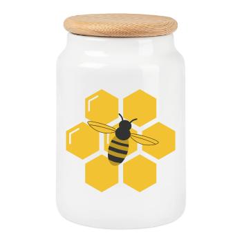 Bee and Honeycomb - Cookie Jar with Wooden Lid - white - Front