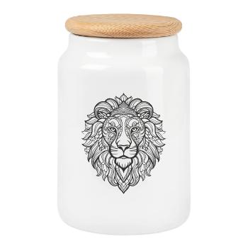 Detailed Lion Face Pattern - Cookie Jar with Wooden Lid - white - Front