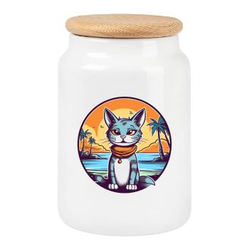 Cartoon cat in tropical paradise - Cookie Jar with Wooden Lid - white - Front