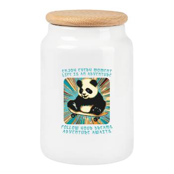 Panda's Adventure on Wheels - Cookie Jar with Wooden Lid - white - Front