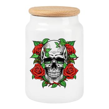 Skull and Roses Tattoo-Wappen - Keksdose mit Holzdeckel - Weiß - Vorne