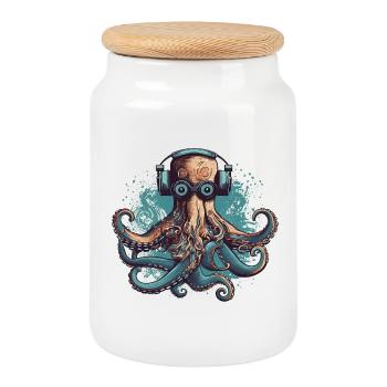 Cool nerdy octopus with glasses and headphones - Cookie Jar with Wooden Lid - white - Front