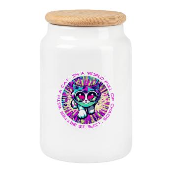 Chaos? Cat makes everything better! - Cookie Jar with Wooden Lid - white - Front