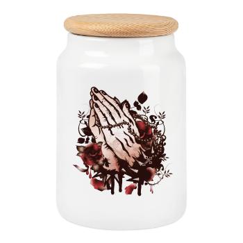 deux mains priant avec le chapelet et les roses - Boîte à biscuits avec couvercle en bois - blanc - Devant