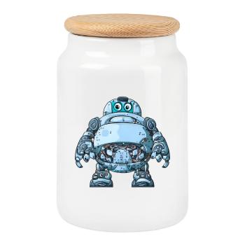 Robot de dessin animé bleu avec casque - Boîte à biscuits avec couvercle en bois - blanc - Devant