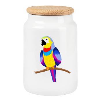 Colorful parrot on a branch - yellow - Cookie Jar with Wooden Lid - white - Front
