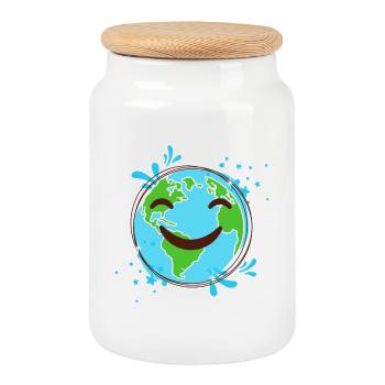 Smiling Earth design cheerful globe - Cookie Jar with Wooden Lid - white - Front