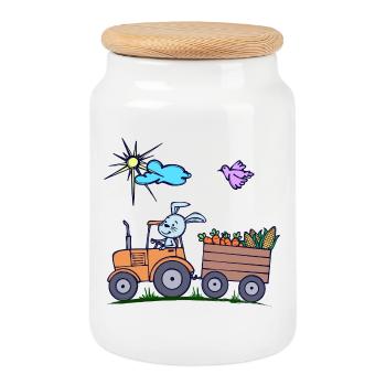 Tractor Farmer Field Vehicle Agricultural Machinery - Cookie Jar with Wooden Lid - white - Front