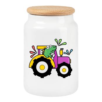 Tractor Farmer Agriculture Vehicle Organic Farmer - Cookie Jar with Wooden Lid - white - Front