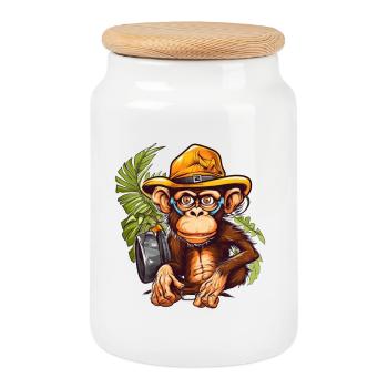 Adventure monkey with safari hat and backpack - Cookie Jar with Wooden Lid - white - Front