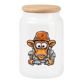 Adorable monkey with construction helmet - Cookie Jar with Wooden Lid - white - Front