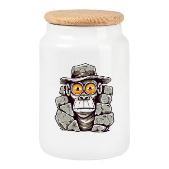 Conception de t-shirt singe de l’âge de pierre - Boîte à biscuits avec couvercle en bois - blanc - Devant